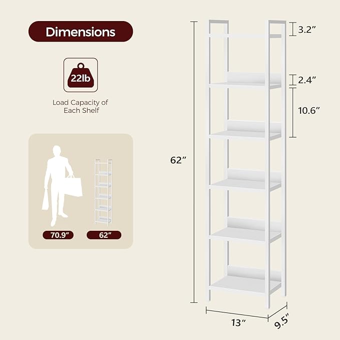 MAHANCRIS Bookshelf, 6-Tier Bookcase, Standing Book Shelf