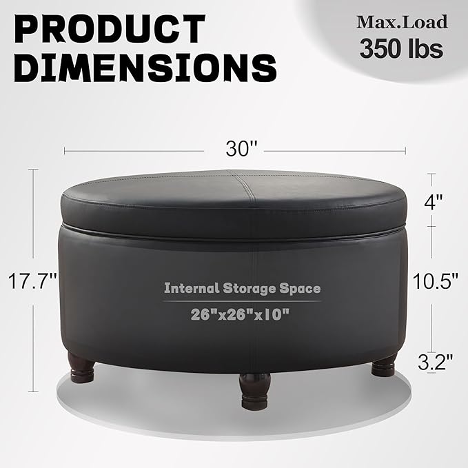 30-Inch Round Storage Ottoman, Modern Ottoman Coffee Table