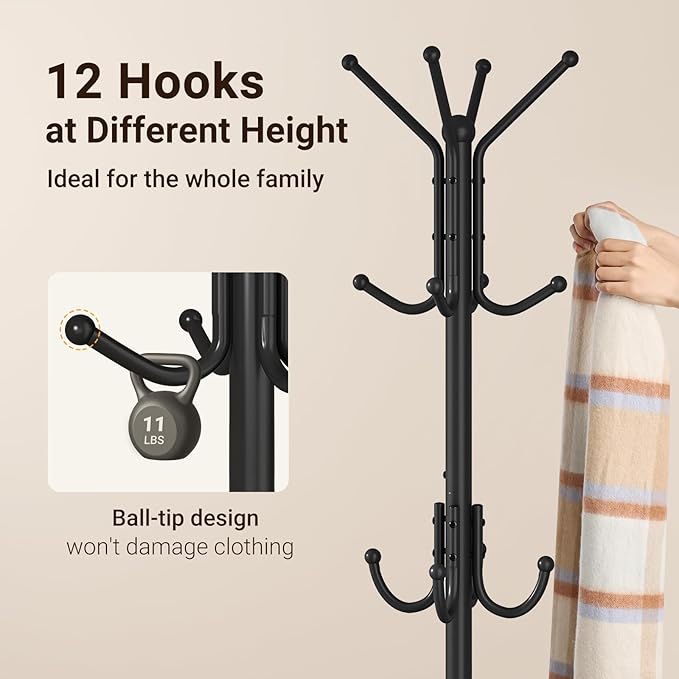 ELYKEN Coat Rack Freestanding, Metal Coat Rack Stand with Umbrella Holder, Modern Coat Tree with 12 Hooks, Floor Standing Corner Hall Tree for Entryway Living Room Bedroom Office, Black