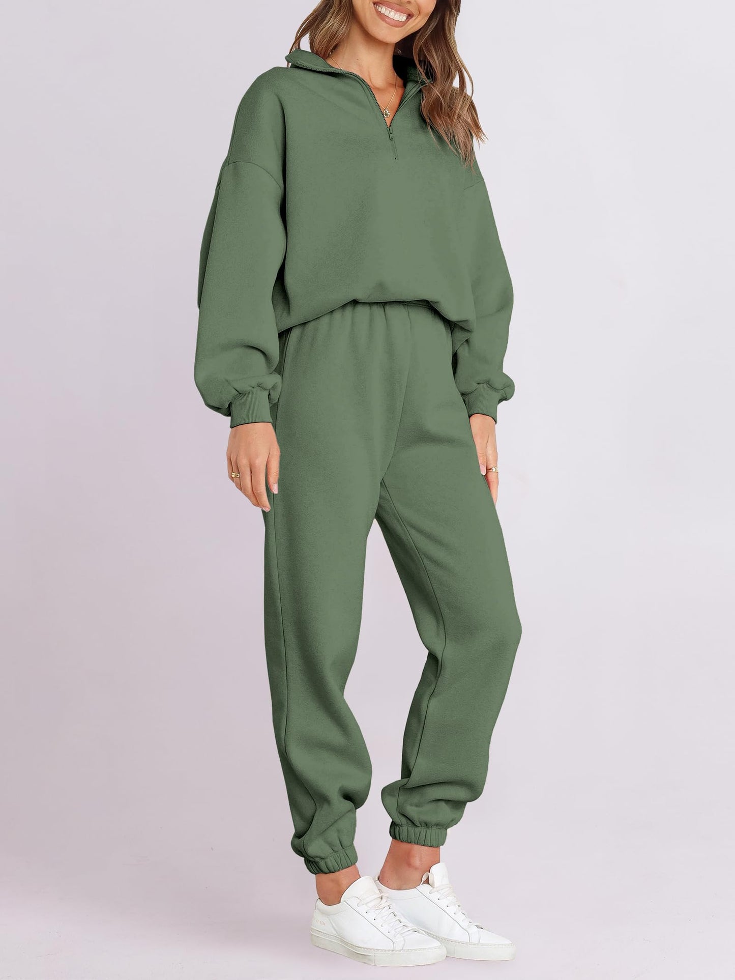 ANRABESS Women 2 Piece Outfits Sweatsuit Oversized Half Zip Sweatshirt Jogger Sweatpants Tracksuit Lounge Set 2025 Clothes
