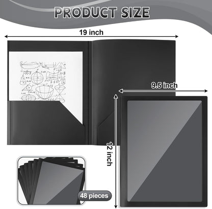 Teling 48 Pcs Plastic Folders with Front Clear Pocket and Business Card Holder 2 Pocket Folders Letter Size Paper for School Office Supplies Nice Gift for Christmas New Year School Supply (Black)