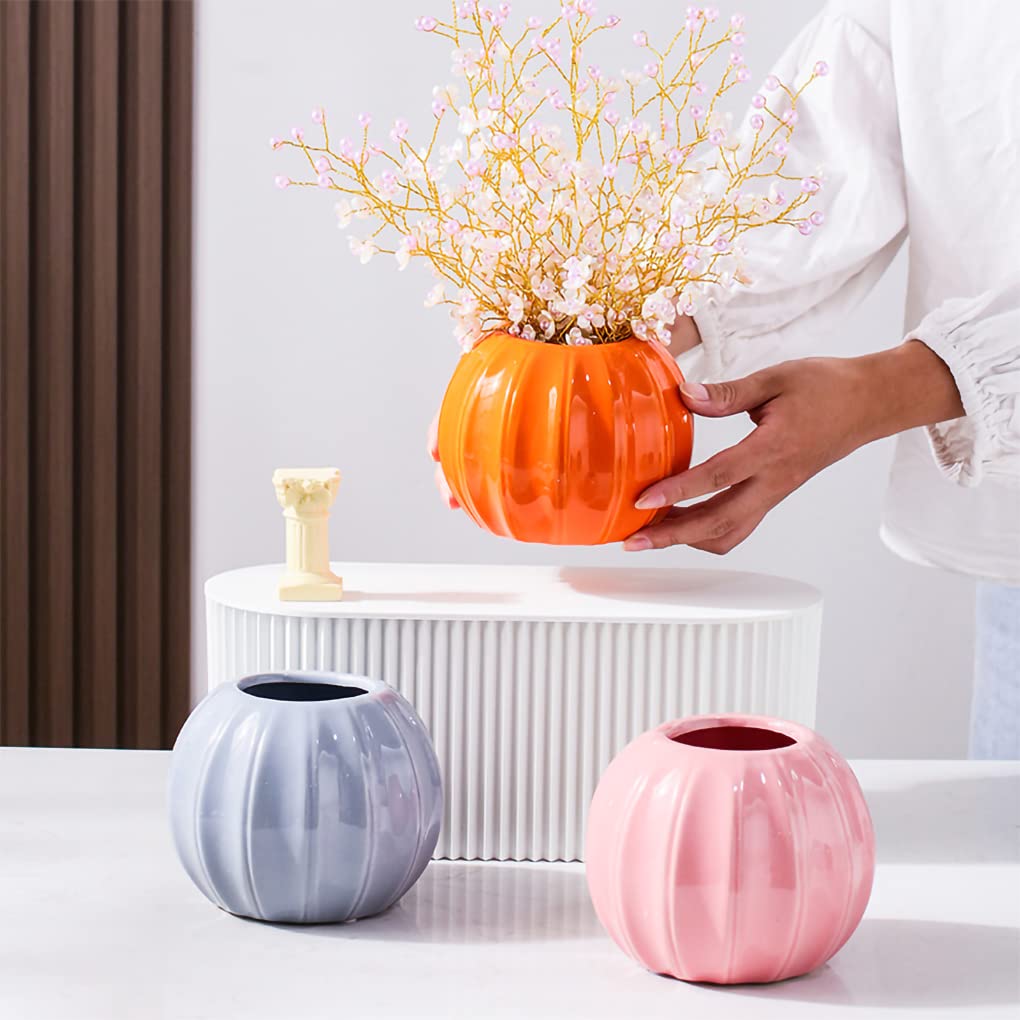 WAIT FLY Creative Pumpkin Shape Ceramic Vase for Flower Dry Flower Hydroponic Planter Decorative Vase for Home Room Office Party Wedding-Orange