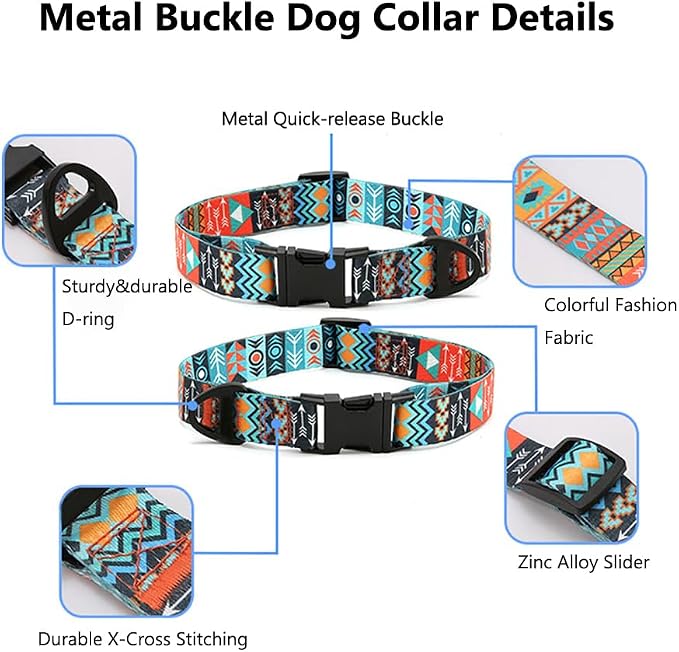 Dog Collar and Leash Set for Dogs Walking Bohemia Ethnic Style | Soft Durable Nylon Adjustable Collar with Metal Buckle and 4ft Padded Handle Matching Leash for Small Medium Large Dogs