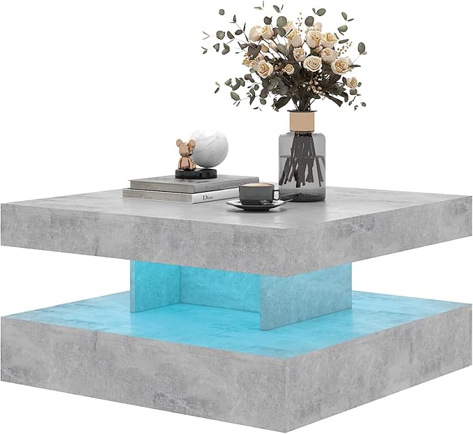 HedoAjim Grey LED Coffee Table for Living Room, Living Room Table 2-Tier Square