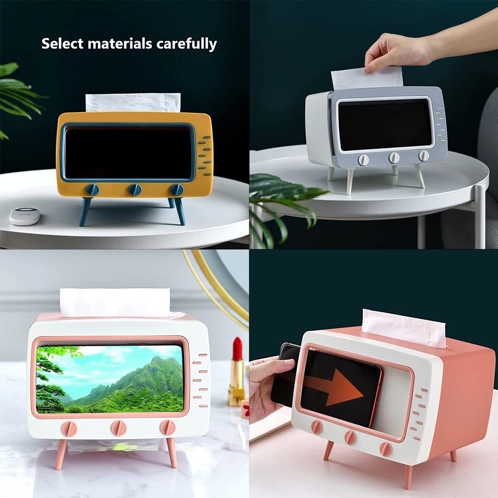 Denash 2 in 1 TV Shape Phone Holder with Tissue Box, Desktop Napkin Holder and Mobile Phone Stand for Living Room Decor (Green)