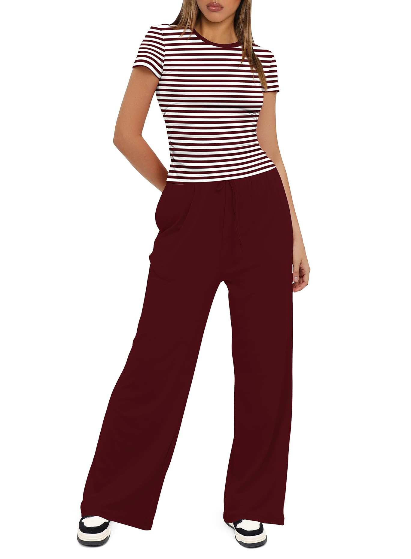 Darong Women's Short Sleeve Ruched Tee and Wide Leg Pant 2 Piece Tracksuit Sleep Pajama Set 9042A Red Striped S
