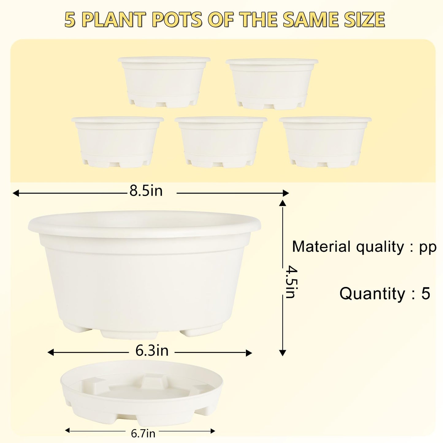 KPUVX 5 Pack 8.5 inch Plant Pot,Outdoor Flower Pots,Plastic pots for Plants Indoor with Drainage Holes and Trays, Decorative Garden Containers Sets for Houseplants