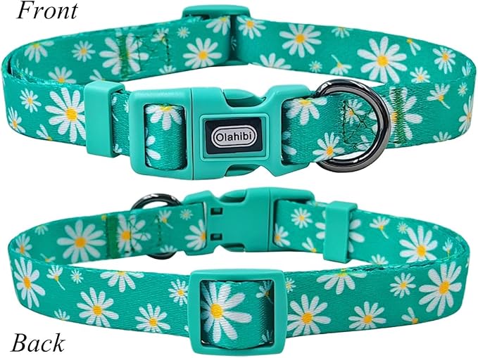 Dog Collar Leash Set, Floral Pattern, Polyester Material, Adjustable Collar and 5ft Matching Leash, for Puppy Dogs.(XS, Green Daisy)