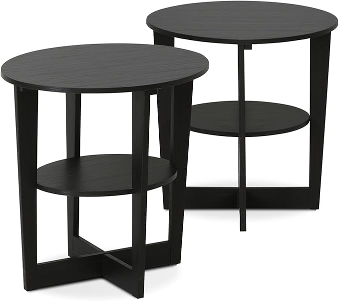 Furinno JAYA Side Table Set of 2, 2-Tier Round Modern End Table