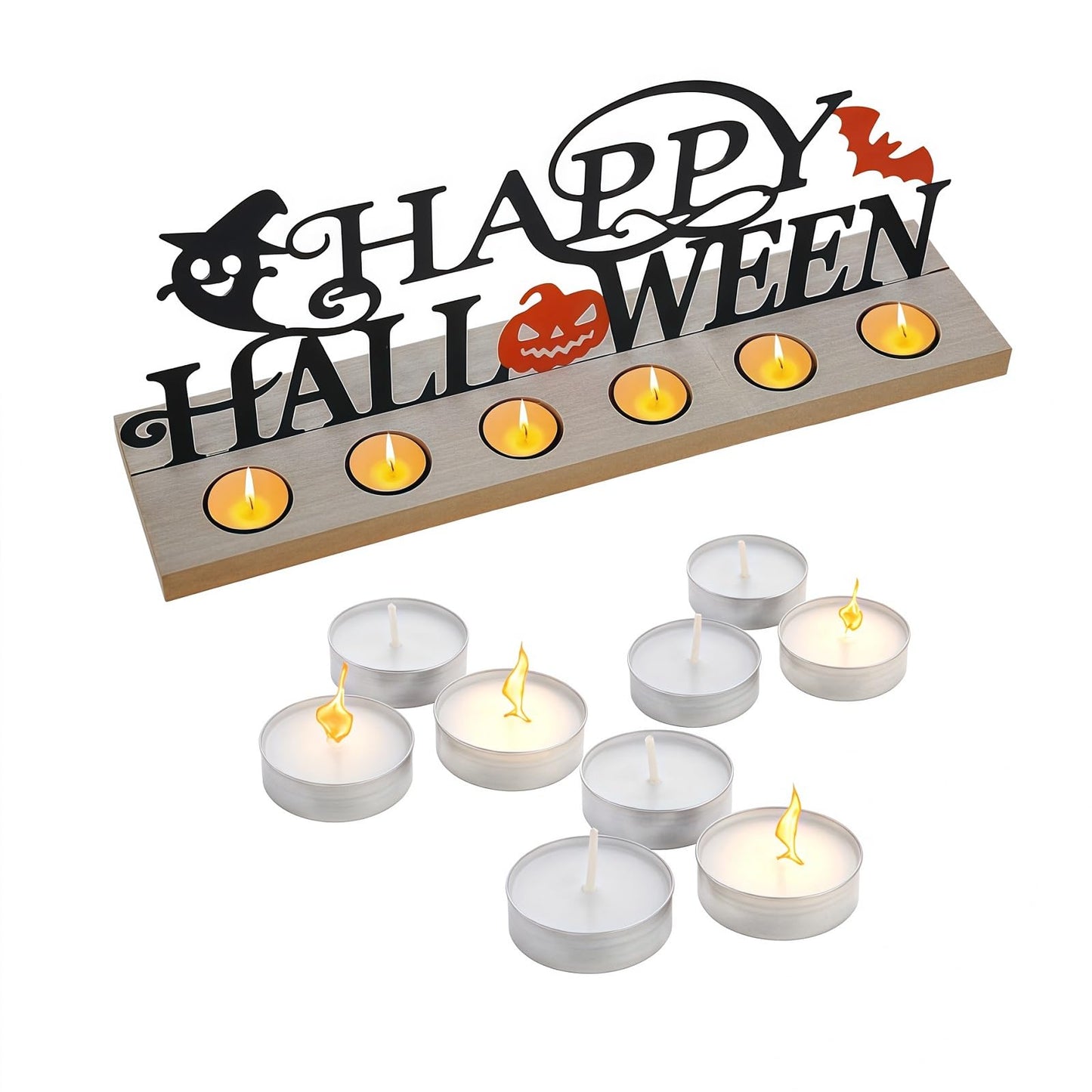 Metal Happy Halloween Sign, Tiered Tray Decor with 18pcs Tealights, Black Halloween Decorations Tea Lights Holders for Home, Office, Shelf, Mantel, Indoor, Table, Spooky Jack-o-lantern Ghost Bat Decor