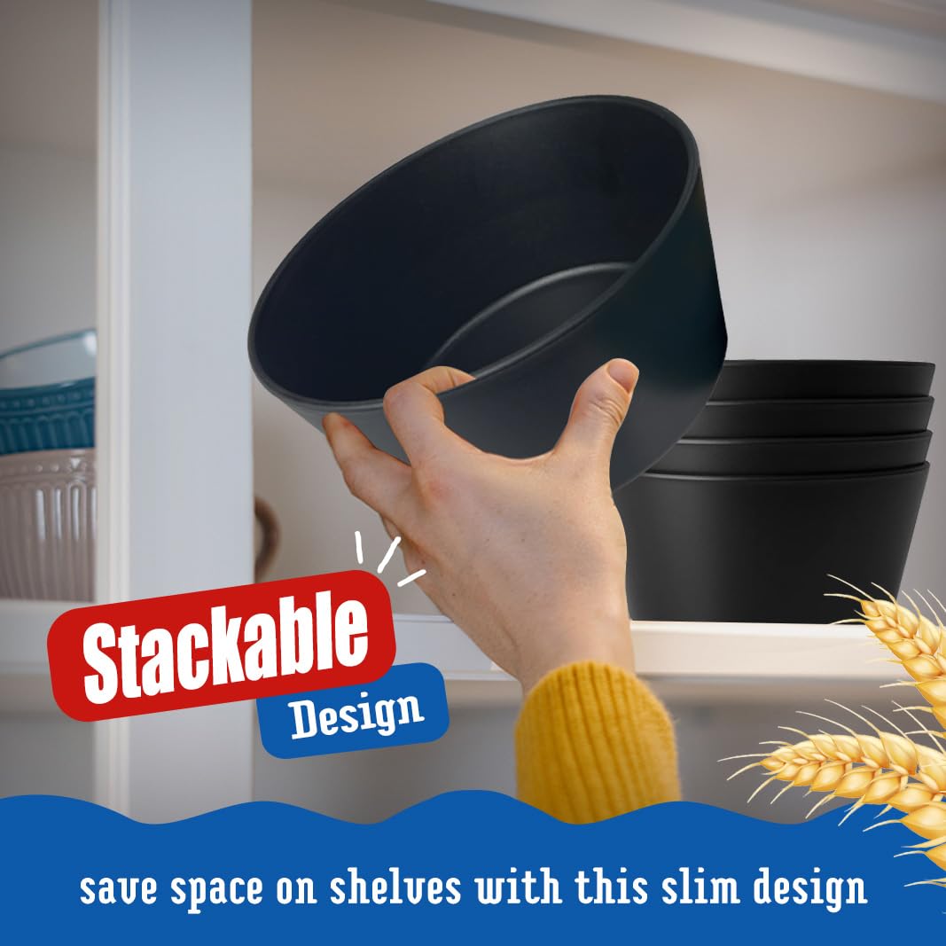 Teivio 12-Piece Wheat Straw Bowls Sets, Plastic Kitchen 22oz Cereal Bowls Set of 12,Unbreakable Reusable Fruit/Salad/Soup Bowls, Dishwasher Safe, for Camping RV Apartment Essentials, Black