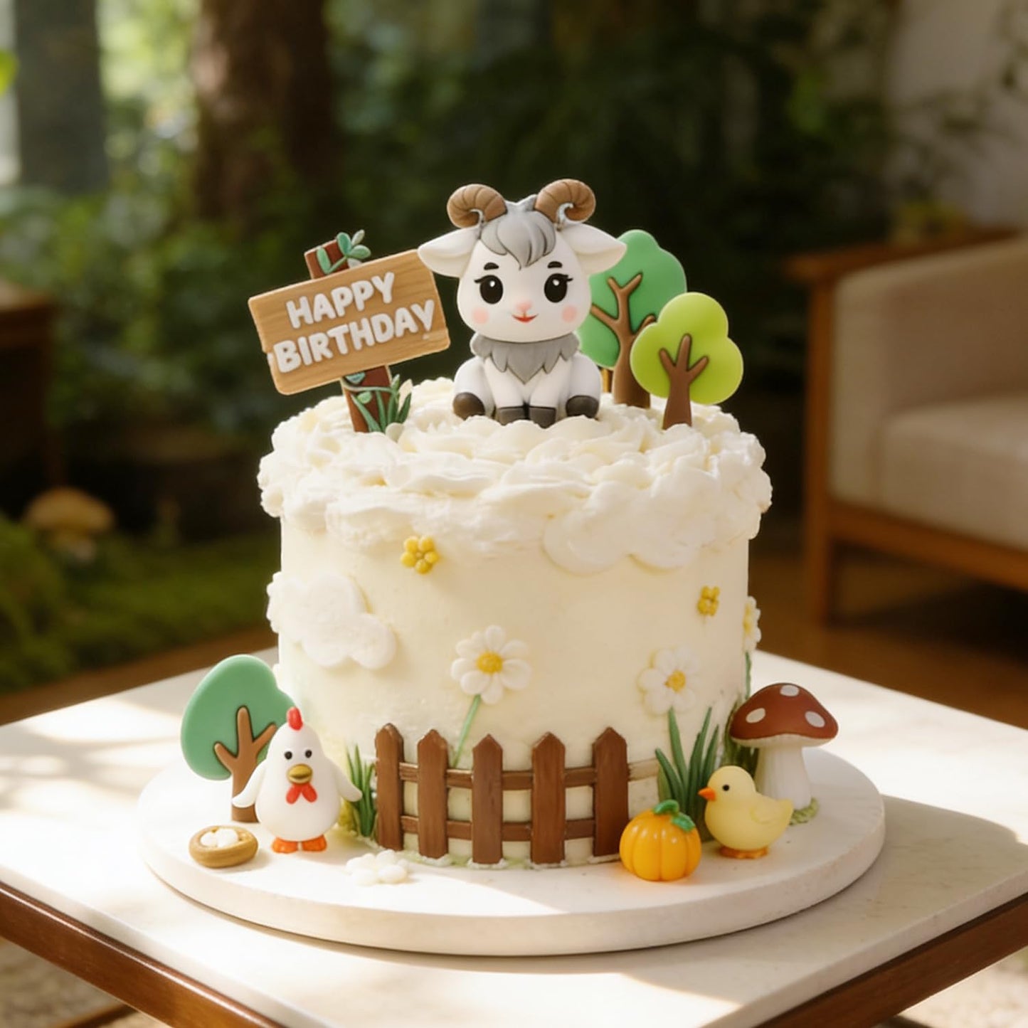 Rustic Farm Theme Cake Decorations Set - "Happy Birthday" Sign, Goat Figurine, Tree Accents, Chicken & Resin Pumpkin Decor, Grass & Fence & Mushroom Accessories, Premium Soft PVC Dessert Toppers