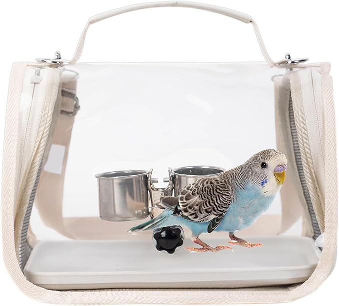 Ventilated Bird Carrier, Travel Backpack with Perch Stand, 36cm Pet Transport Bag with Breathable Mesh Panels, Aviary Carrier with Clear Window Design, Bird Travel Bag for Camping Hiking Trips