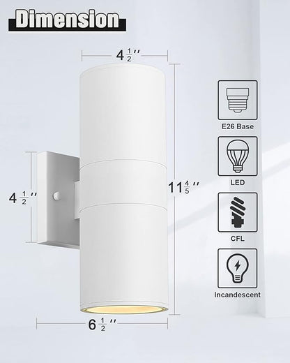 Ken & Ricky White Outdoor Wall Lights,Exterior Sconces Wall Lighting with Tempered Glass Cover,Cylinder Outside Light for House Porch Garage Front Door - 2 Pack