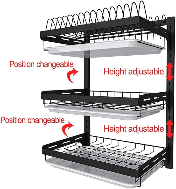 junyuan Hanging Dish Drying Rack Wall Mount,Dish Racks Drainer,3 Tier Kitchen Plate Organizer Storage Shelf with Drain Tray with 3 Hooks,Stainless Steel Black Large Ajustable Height