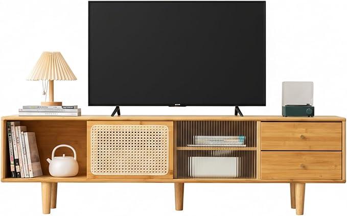 Tiita Rattan TV Stand for 55 60 Inch TV, Bamboo TV Cabinet