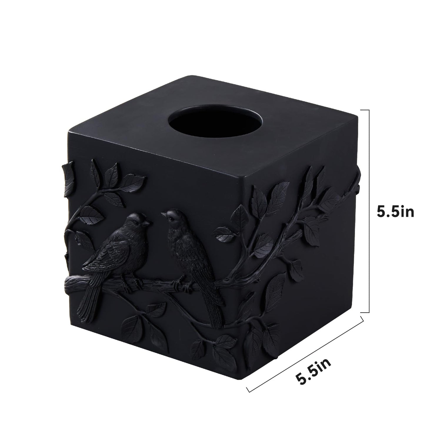 Black Marble Relief Birds Square Tissue Box Cover Decorative,Resin Heavy Sturdy Tissue Box Holder, Facial Paper Holder for Bathroom Vanity Countertop, Bedroom Night Stand,Office and End Table