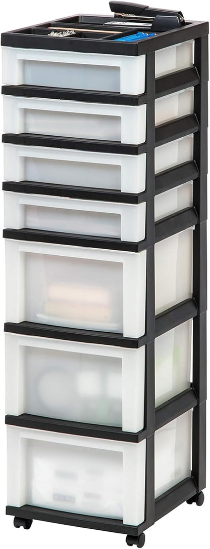 IRIS USA Plastic Drawer Storage Organizer Rolling Cart, with Wheels Casters, 2-Pack, 7-Drawers, for Classroom Art Craft Supplies Dresser Closet Bathroom Laundry Room, Black/Pearl