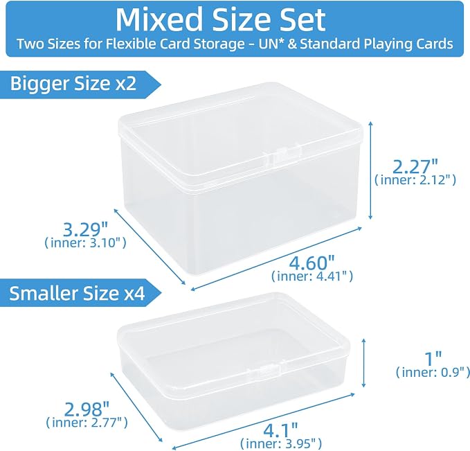 neotidy Playing Card Storage Box Set of 6, Clear Plastic Playing Card Cases Organizer with Snap Lid, Mixed Sizes Card Game Storage for UN* Cards, Standard Decks, Trading Cards, Card Game Holder Case