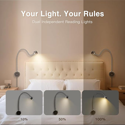 VST Bed Reading Lights for Headboard, Bedside Wall Mounted Reading Lamp, Reading Light Touch to Adjust Brightness with USB/Type-C Charging Ports, ETL-Listed