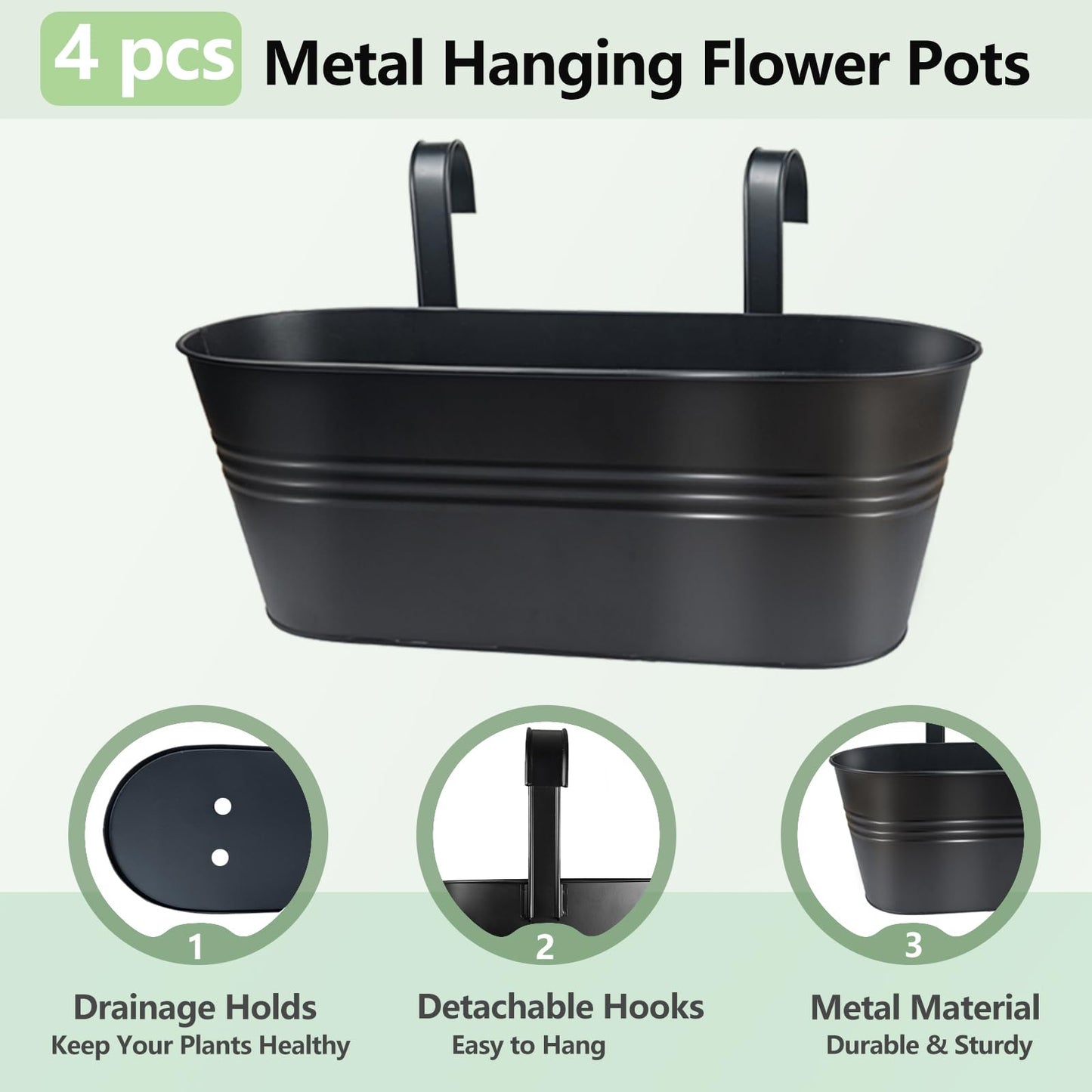 Venyat 16 Inch 4 PCS Metal Hanging Flower Pots for Railing Fence, Large Railing Planters for Outdoor Plants, Fence Hanging Planters with Detachable Hooks for Garden Balcony
