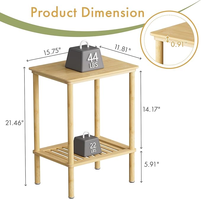 2 Tier Bamboo End Table, Narrow Side Table