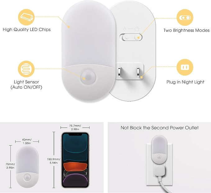 L LOHAS LED Night Lights Plug into Wall, [4 Pack] LED Night Light with Light Sensors, 30/60LM Nightlights for Kids Room, Soft White 3000K, 0.6W Automatic Plug in Wall Light for Bedroom, Hallway