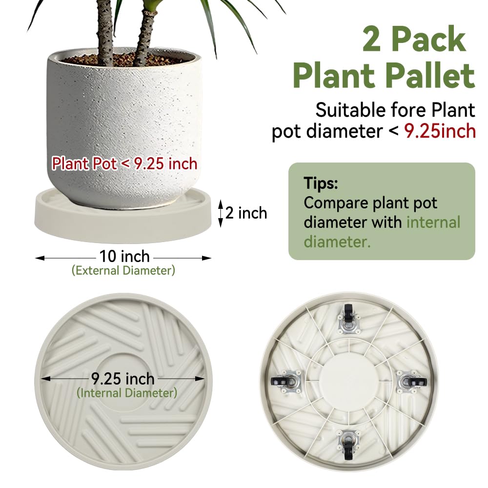 UoeRing 2 Pcs Plant Caddy with Hidden Wheels 10 Inch Heavy Duty Rolling Plant Stand, Indoor Outdoor Plant Saucer Tray with $9.9 Garden Tools (Beige)