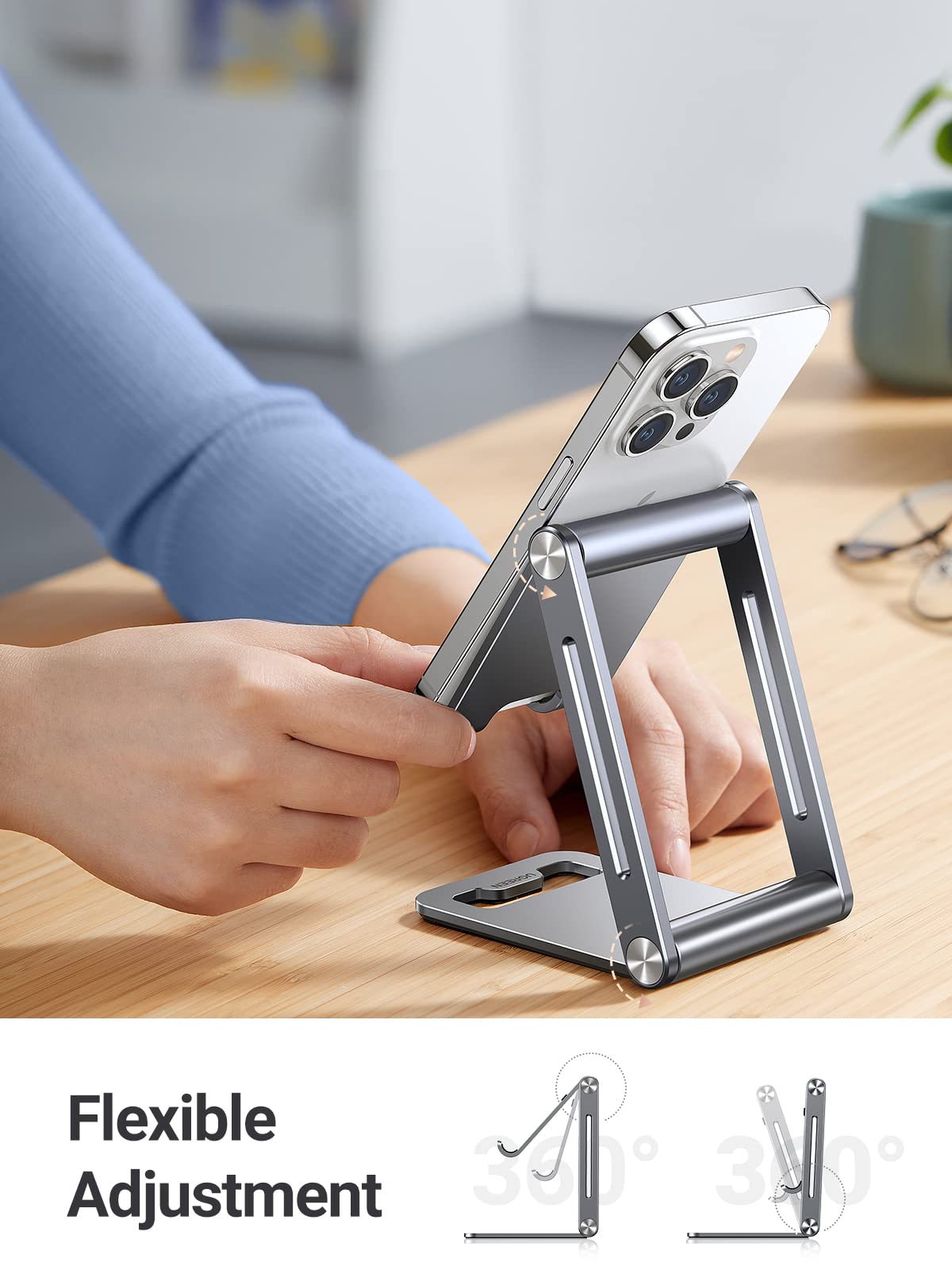 UGREEN Phone Stand for Desk Cell Phone Holder Adjustable Compatible with iPhone 17 Air/16/15/14/13 Pro Max/12 Mini/11/XS Max/XR/X/Nintendo Switch, Aluminum Metal Desktop Stand Portable, Space Grey