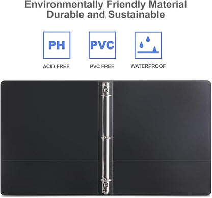 3 Ring Binder 1 Inch, ViVin Sturdy 1"-Round Ring Binder with 2 Interior Pockets, Clear View Cover, PVC-Free, Fits 200 Sheets of 8.5'' x 11'' Paper, Office Home School (12 Pack, Black)