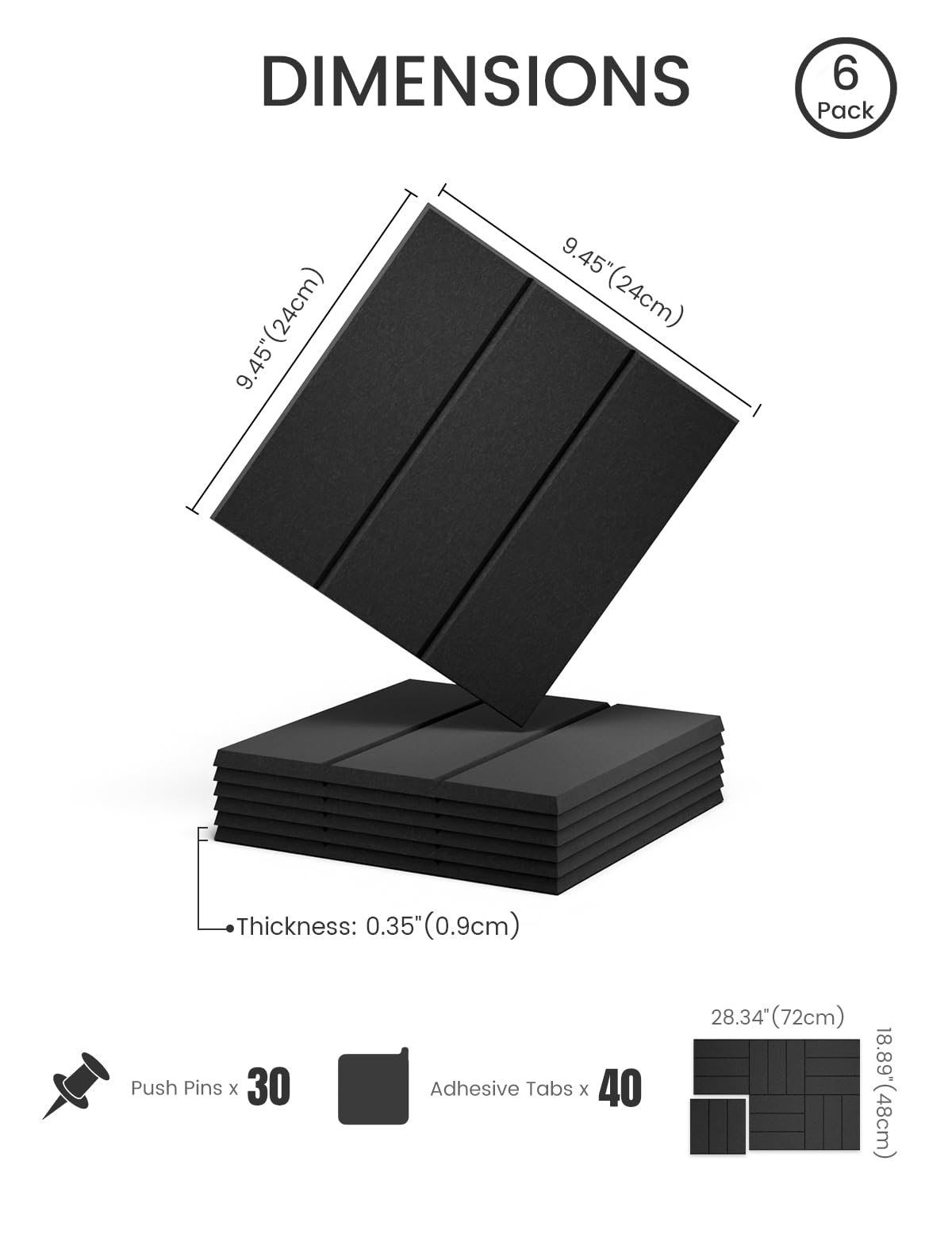 Felt Bulletin Board Tiles -28"x18" with 40 Adhesive Tabs, Cork Board Alternative for Office Decor, Push Pin Board Wall Organizer 6-Pack(Black)