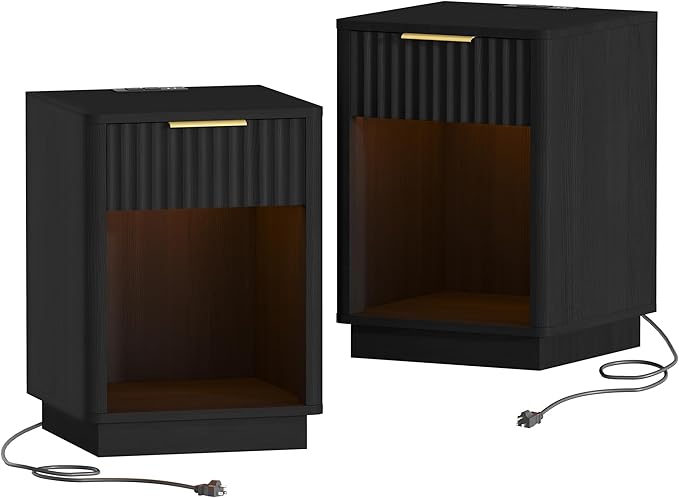 Akxomel Fluted Nightstands Set of 2, Wooden Night Stand