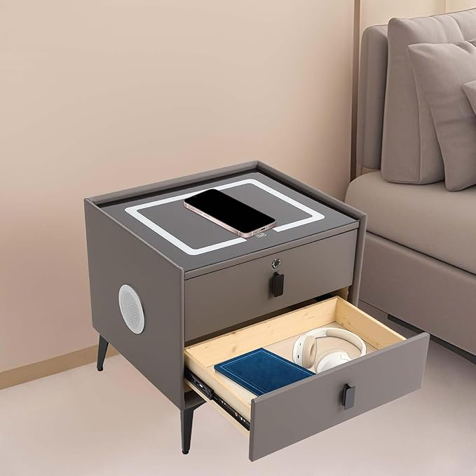 Smart Nightstand w/Fingerprint Lock Drawers, Smart Bedside Table w/USB Charging