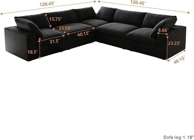 Cloud Modular Sectional Sofa Couch, 120.45" V Shaped Convertible Couches