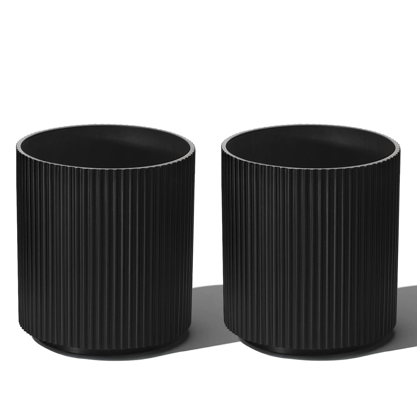 Heyzier Round Planter Outdoor Indoor, Large Plant Pots for Porch, Patio, Backyard, Modern Decor for Tall Plants, Flowers (Vertical Black, 16 inch - 2 Pack)