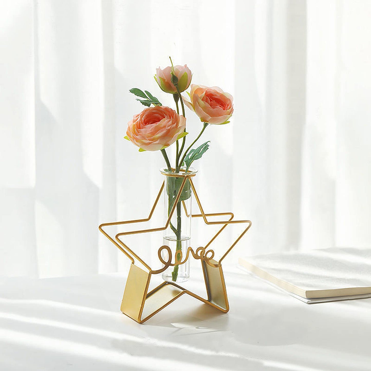 Glass Flower Vase with Metal Frame,Modern Creative Geometric Clear Vase for Flower Centerpieces Decorative,Desktop Hydroponics Vase Plant Terrarium for Home Office Decoration (Gold Star-Love)