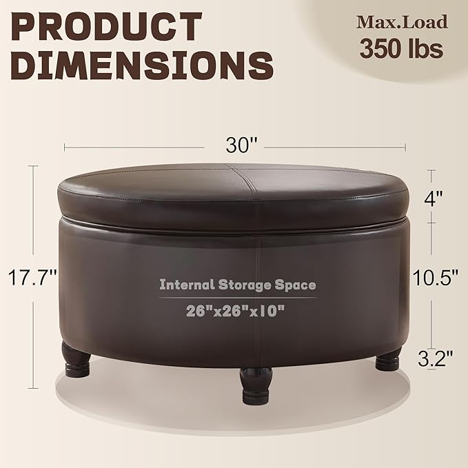 30-Inch Round Storage Ottoman, Modern Ottoman Coffee Table