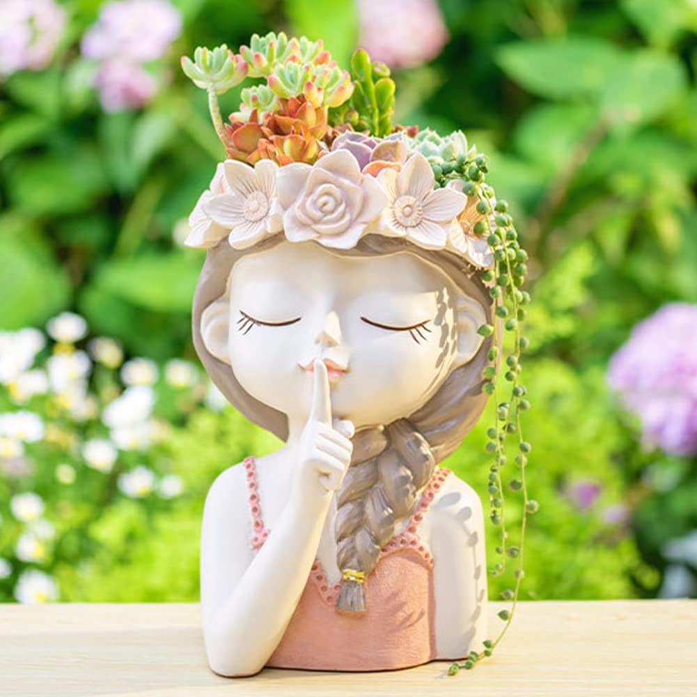 Cute Succulent Plant Pot with Drainage Hole large girl face planter pot big Resin lady head planter 11 inch tall flower vases for indoor and Outdoor plants fairy garden gift for female plants lover