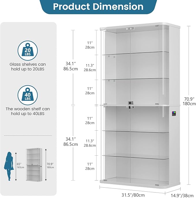 71" Tall Display Cabinet with Glass Doors, Rounded Curio Cabinet with Motion
