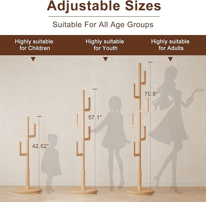 Muwuele Solid Wood Cactus Coat Rack, Freestanding Coat Rack