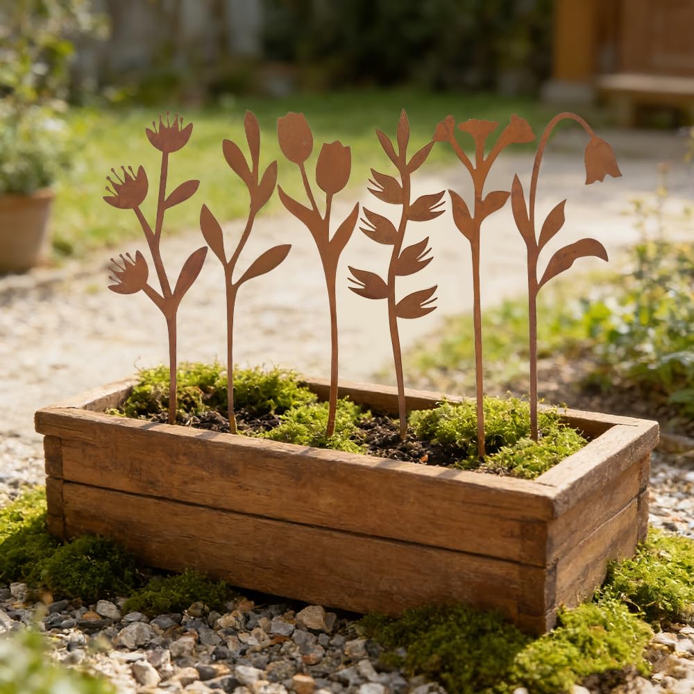 hogardeck Garden Decor for Outside, 6 Pcs Rusty Metal Flower Garden Stakes with Fern Leaf Design for Outdoor Yard Art, Rustic Plant Stakes for Flower Bed, Pot, Vase