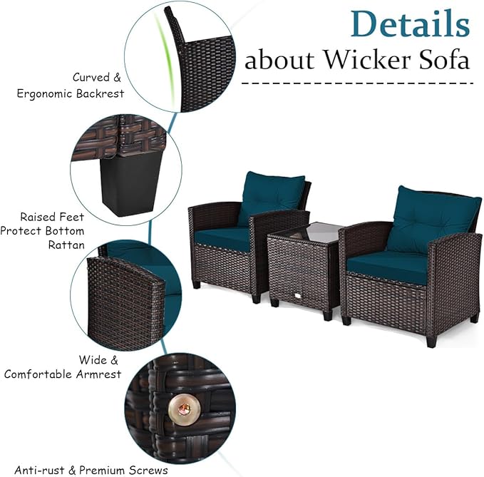 COSTWAY 3PCS Patio Furniture Set, PE Rattan Wicker Sofa w/Washable Cushion and