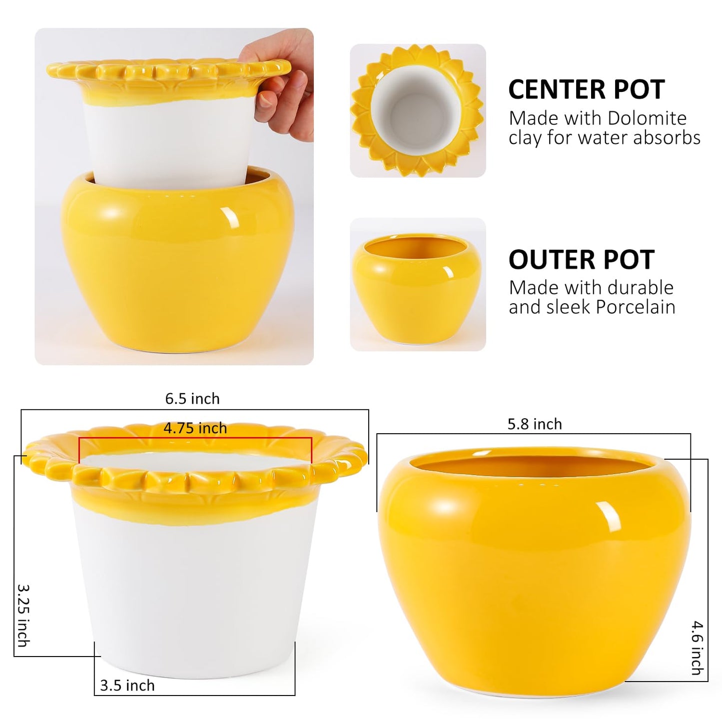 Lovely Ran African Violet Flower Pot Self Watering Plant African Violet Planter Pot Yellow Ceramic Pot Maintenance Plant Seeder Planting 6.5 * 4.6 Inch High Absorption Plant Inner Flower Pot
