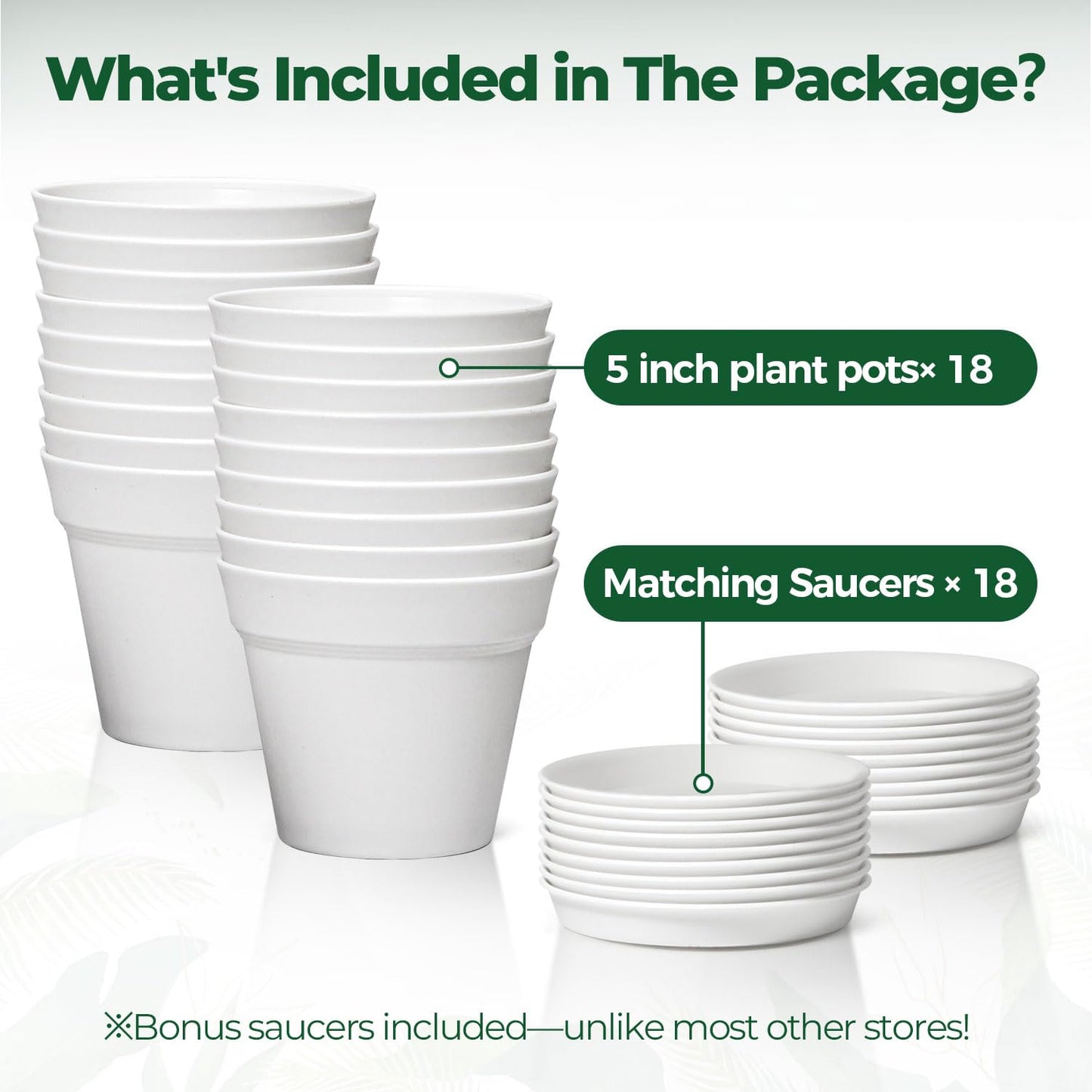 T4U Flower Pots 18-Pack, 5 Inch Plant Pot with Saucer and Drainage Hole, Durable Plastic Flower Pots, Small Pots for Plants, Violet, Succulent and Indoor Plant Decorative (18 Pack 5" Pot, White)