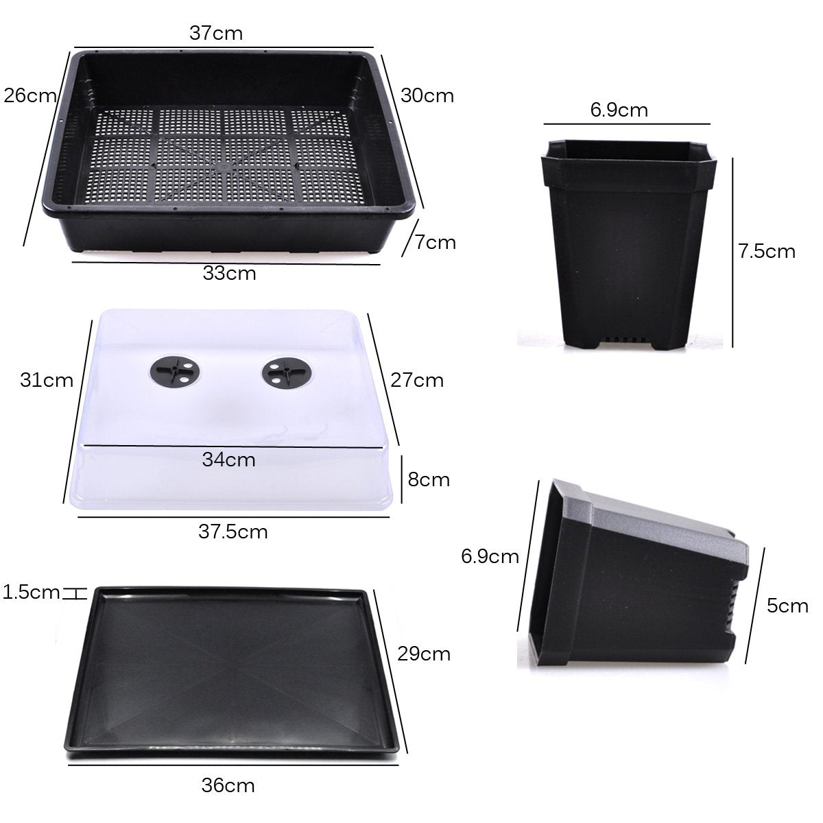 eZAKKA 37x30cm Seed Starter Tray Seed Seedling Starting Kit Plant Germination Kit Humidity Dome with 20 Pieces Square Seed Starter Pots (Black Pots)