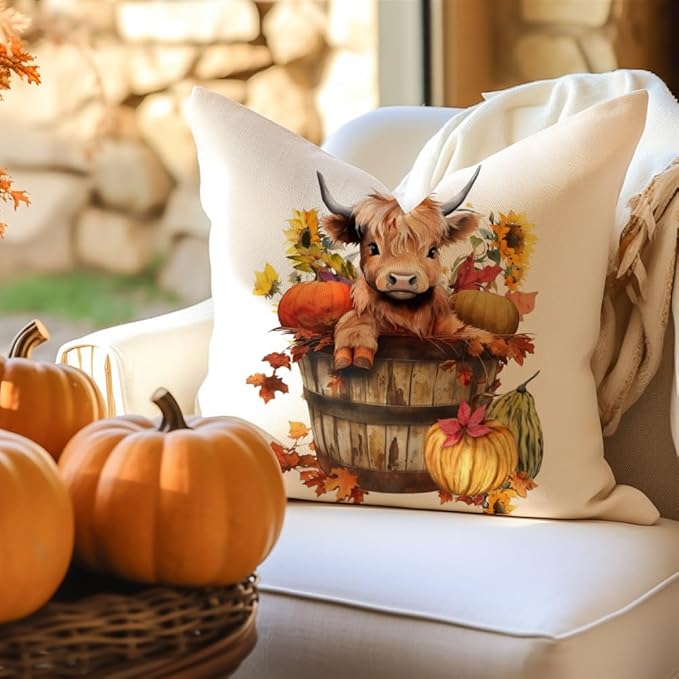 RABUSOFA Fall Decor Pillow Covers 18x18 Inch Highland Cow Autumn Decorations
