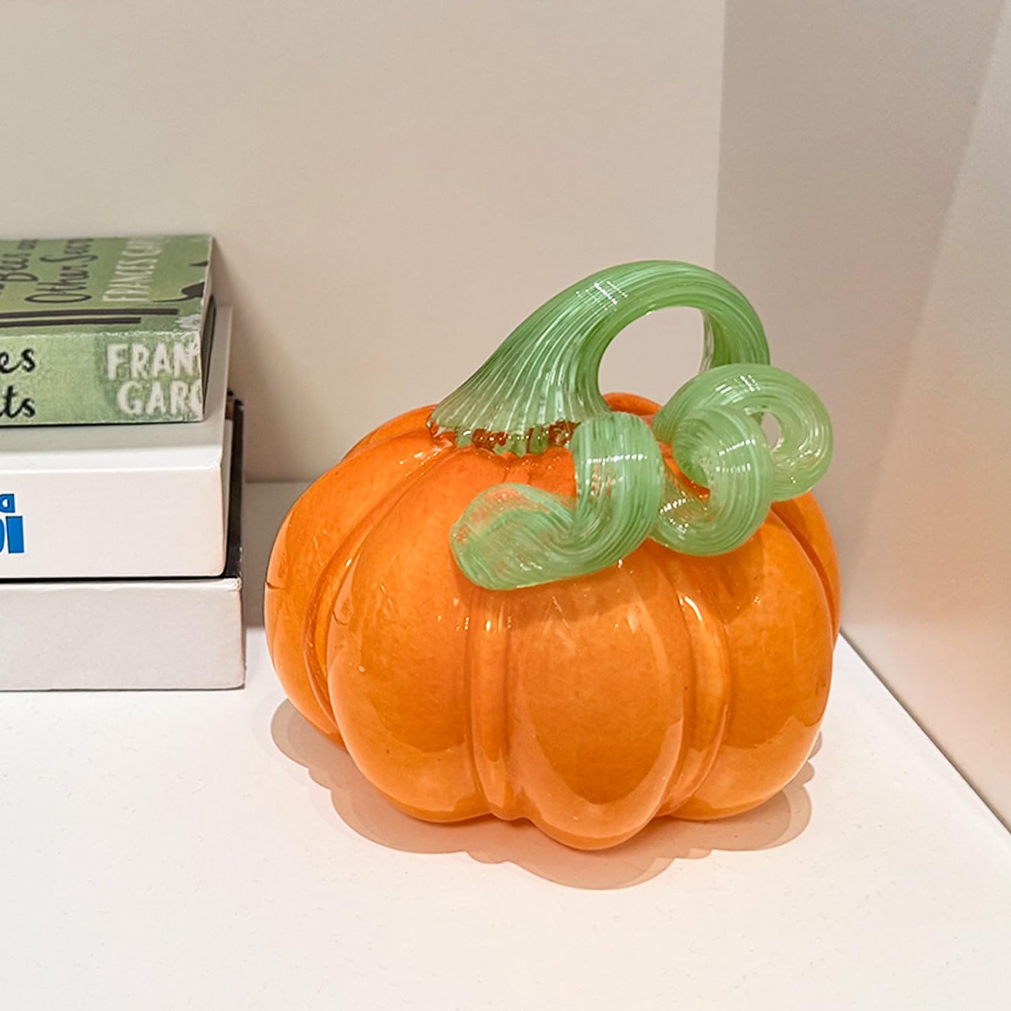 ORRFIDDY 4.7" Hand-Blown Glass Pumpkin Halloween Decor Fall Home Figurines Collectible Harvest Thanksgiving Wedding & Autumn Mantel Decorations Paperweight Tabletop Ornaments(Orange)