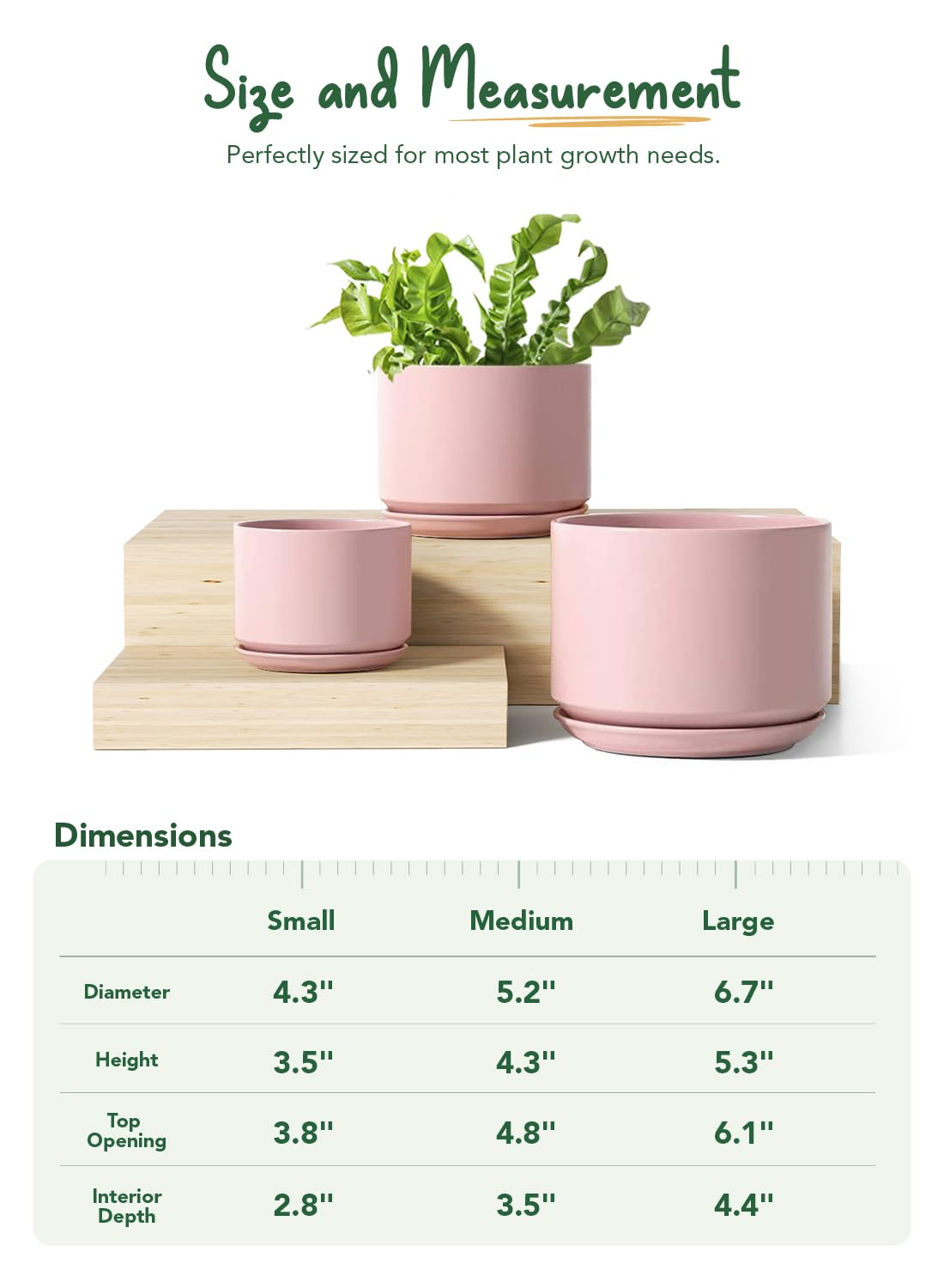 LE TAUCI Ceramic Plant Pots, 4.3+5.3+6.8 inch, Set of 3, Planters with Drainage Hole and Saucer, Indoor Flower Pot with Hole Mesh Pad, Gifts for Mom, Pink