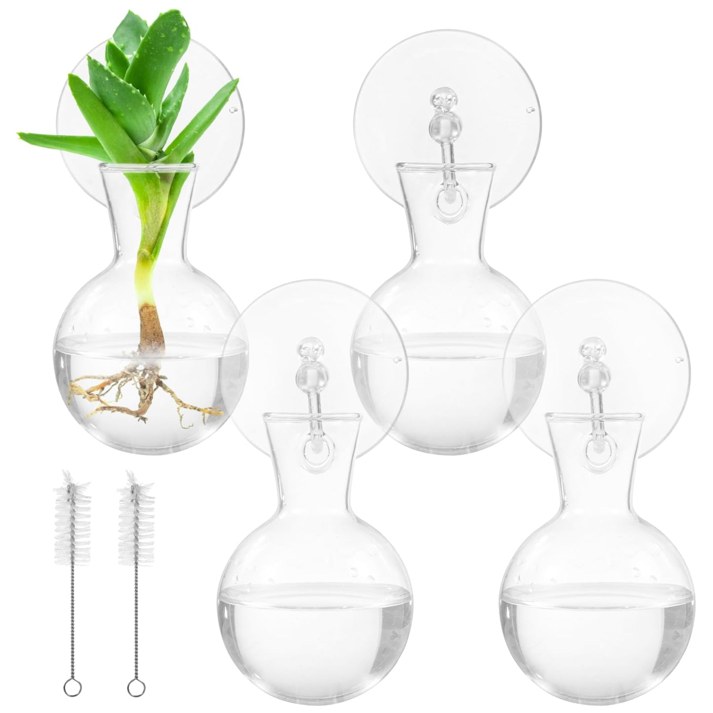 4 Pack Glass Window Propagation Stations, Hanging Plant Vases with Suction Cups, Wide-Mouth Terrarium Planters for Water Propagation & Rooting Cuttings, Includes 2 Cleaning Brushes, Home Decor Gift