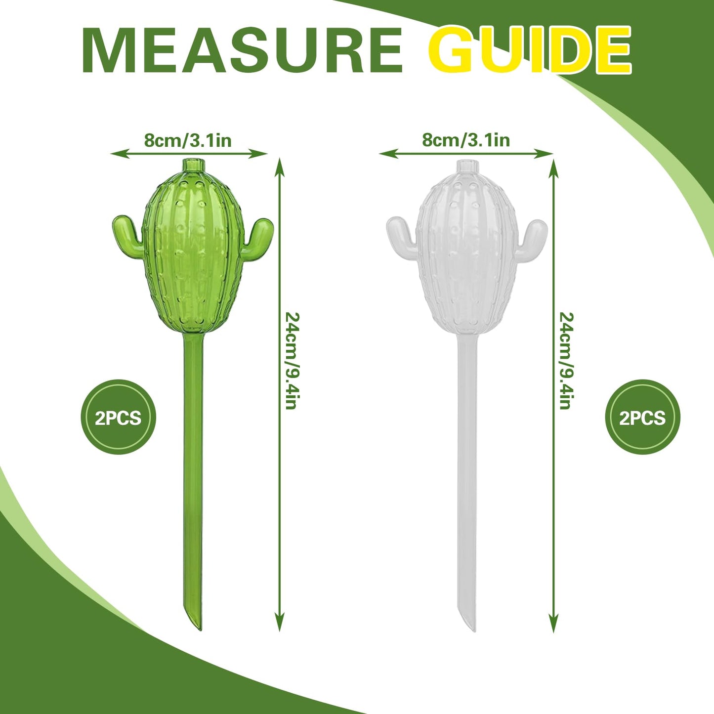 HaoGludi 4 PCS Self Watering Spikes for Plant, 3.38 oz Cactus Shape Watering Globes, Plastic Indoor & Outdoor Automatic Plants Waterer for Everyday or Vacation Use(2 Green, 2 Clear)